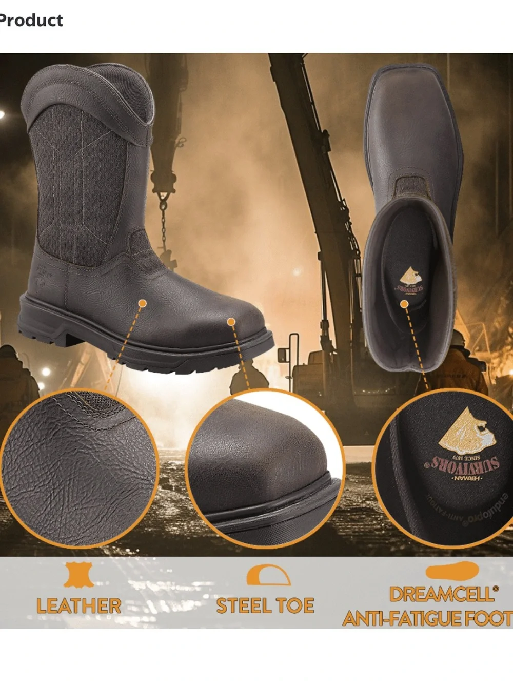 Survivors Men's Granite Pull On Steel Toe Work Boots Size 10 1/2